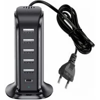 Bolwins D97C 6 Fach 4A 5V USB Port Netzteil Adapter Ladegerät Ladestation USB-Ladegerät (2100 mA, Packung, 1-tlg., 1x USB Ladegerät + Netzkabel, Schnellladefunktion Gleichzeitiges Laden mehrerer Geräte)