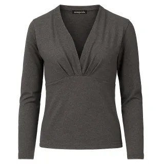 Heathered Anthrazit Jersey-Oberteil mit V-Ausschnitt für Damen – Lange Ärmel, drapierte Vorderseite