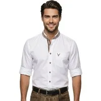 Moschen-Bayern Trachtenhemd Trachtenhemd Herren SLIM FIT Stehkragen Hirsch Langarm Weiß-Blraun