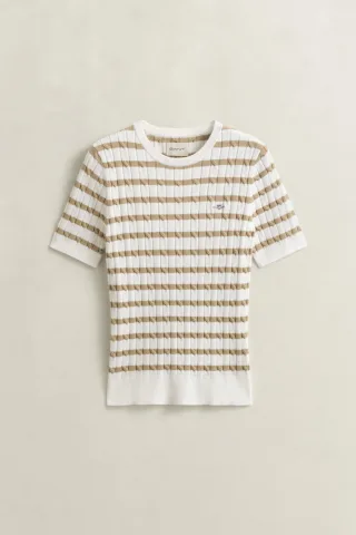 GANT - Gestreifter Zopfstrick Kurzarmpullover oat beige - Gr. - M