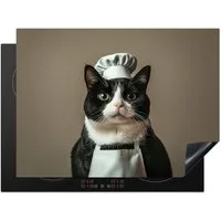 MuchoWow Herd-Abdeckplatte Katze - Kochkleidung - Schwarz - Weiß, Vinyl, (1 tlg), Küche Herdabdeckung Ceranfeld Induktionsfeld Vinyl, 65x50 cm