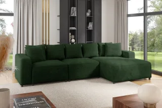 Ecksofa Designersofa Sofa MEGAN in Stoff Poso Dunkelgrün Ottomane Rechts