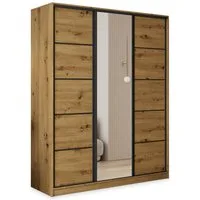 Masseno Schwebetürenschrank PINA 150 cm Kleiderschrank mit Spiegel 3 Türen Eiche Artisan