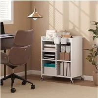 HOMCOM Bücherregal Bücherwagen, mit 4 Ebenen, oberem Aufbewahrungskorb, für Zuhause, Bürowagen 1-tlg., Mobiler Bücherwagen mit verstellbaren Regalböden.
