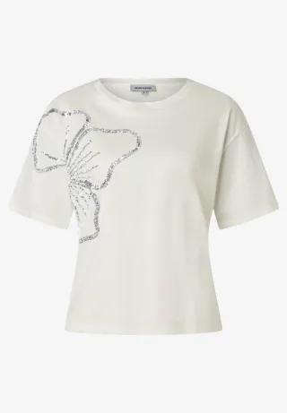 MORE & MORE - T-Shirt mit Pailletten-Blume und Rundhalsausschnitt weiß - Gr. - 36