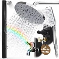 dirks-traumbad Gartendusche Solar 40 Liter mit Handbrause Außendusche Garten Pooldusche Fußdusche (verstellbare 20cm Regendusche mit Anti Kalk Silikonnoppen), Saunadusche energiesparend, schwarz, Ablasschraube
