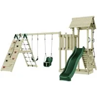 OutdoorToys Spielturm Roskilde, aus Holz in Dunkelgrün mit Babyschaukel & Rutsche, Kletterwand