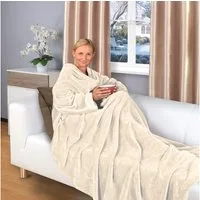 Wohndecke flauschige, tragbare Kuscheldecke mit Ärmeln und Fußtasche, Gräfenstayn, warme Ärmeldecke - TV Decke zum Anziehen - 180x150cm creme