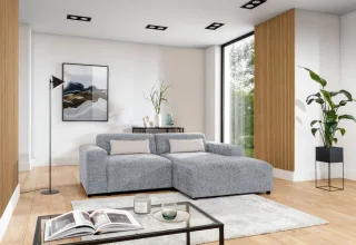 Ecksofa Designersofa ROMY XS in Stoff Enjoy Me Hellgrau Ottomane Rechts