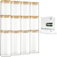 LIBWYS Vorratsglas Vorratsgläser Set 12er Glas mit Bambusdeckel luftdicht 1000ml 600ml, (Vorratsdosen Set Glas 12 teilig mit Bambusdeckel eckig 2 Größen, 12-tlg., Vorratsgläser Set 12er Glas mit Bambusdeckel 1000ml 600ml), Eckig, stapelbar, transpare