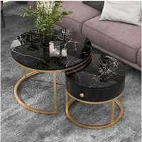 Merax Couchtisch Set rund Satztisch Wohnzimmertisch 1,5 cm Platte, hochglanz Marmoroptik aus Holz mit goldem Metallbeine