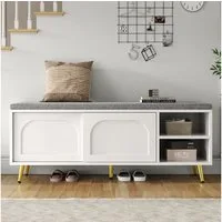 Flieks Schuhbank mit Sitzkissen und Schiebetüren (B121×T35×H49 cm, 1-St), Schuhregal Sitzbank Schuhschrank aus MDF Weiß, Metallbeine