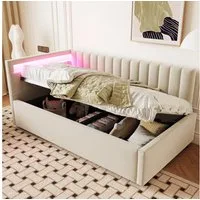 HAUSS SPOLE Schlafsofa 90x200 mit LED-Beleuchtung und hydraulischem Stauraum, Samt, Beige, Daybett Tagesbett mit LED-Beleuchtung, hydraulischem Stauraum & verstellbarem Kopfteil, Samtbezug, Ohne Matratze