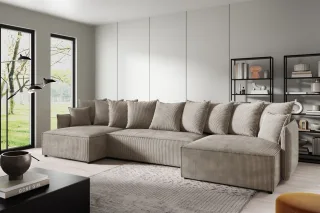 Wohnlandschaft mit Schlaffunktion MINEA Sofa U-Form in Stoff Poso Beige