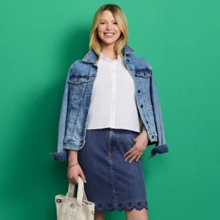 Kurzer Soft Denim Rock mit besticktem Saum, Damen, size: regular, Blau, Elasthan/Baumwoll-Mischung, by Lands' End