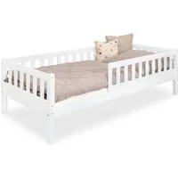 Ehrenkind Kinderbett Lille aus massivem Kieferholz inkl. Rollrost und Rausfallschutz (90x200 cm Weiß, 2-in-1: Mit optionalem Umbauset zum Bodenbett umbaubar), flexibler Rausfallschutz beidseitig montierbar