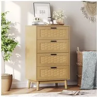 FUROKOY Kommode Sideboard mit 4 Schubladen Rattanschrank Küchenschrank, Schlafzimmerschrank Holz,Eichenfarbe