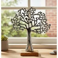 LB H&F Lilienburg Dekofigur LB H&F Lilienburg Dekofigur Dekofigur Deko Objekt Skulptur Dekofigur (Figur Dekoration Baum silber Alu Aluminium Holz Hochzeit Geschenk Mango edel Baum des Lebens hinstellen Dekoration Wohnzimmer Holzsockel Mangoholz Schla