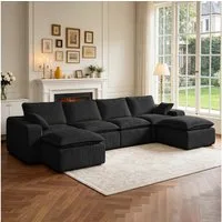 Vipbear Wohnlandschaft Modulares Cordsofa mit Hocker, U-Form Schlafsofa, 1 Teile, Frei Kombinierbar, Schwarz