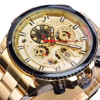 Rötting Design Automatikuhr Herrenuhr Armbanduhr Marke Forsining goldfarbenes Ziffernblatt, Edelstahl, Datum Wochentag Monats Anzeige