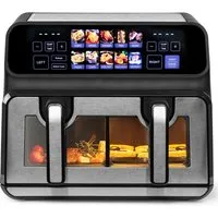 WHEELYOU Heißluftfritteuse 9L, 2200W Doppelkammer-Airfryer mit Farb-LED, Sichtfenster & 10 Programmen, 2200 W, 9L Airfryer mit 2×4,5L Körben, 50–200 °C, Timer & Innenlicht
