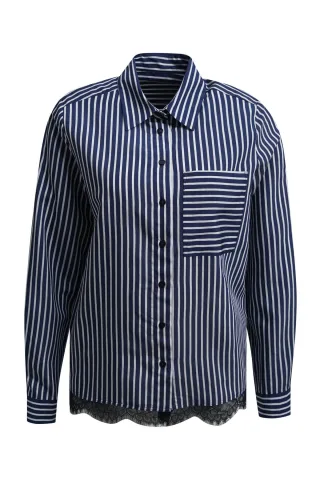 Milano Italy - shirt blouse 1/1 sleeve with chest pocket and lace at hem navy print - Gr. - 42