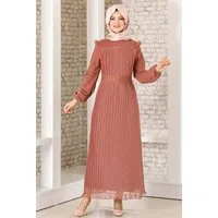 Modavitrini Abendkleid Damen Kleid elegant mit Passe und Faltendetail - Modest Fashion Falten-Optik