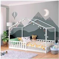 Bellabino Hausbett Kinderbett Bia mit Lattenrost (weiß, optional mit Matratze), Bodenbett mit Rausfallschutz, verfügbar in 80x160 & 90/120/140x200 cm
