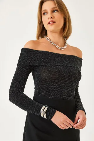 Trägerlose Taillierte Strukturbluse mit Lurex-Detail