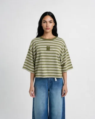 Smith&Soul - Boxy Cropped T-Shirt Striped olive - Gr. - L