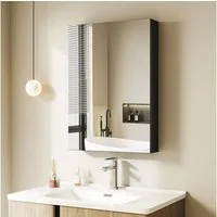 Hopibath Badezimmerspiegelschrank Alu Spiegelschrank Schwarz 2türig 80x60cm 1 türig 50x70 40x60cm (Rechteckig Eckig Wandschrank Badezimmer Badschrank, Doppel Spiegel) Verstellbare Glasboden, Wandbohrungen