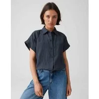OPUS Kurzarmbluse mit Streifen und Tunnelzug Lässiger Look mit moderner O-Form