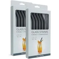 PerloPur Trinkhalme 12 Glasstrohhalme schwarz (gebogen) mit 2 Reinigungsbürsten, 12 Glasstrohhalme