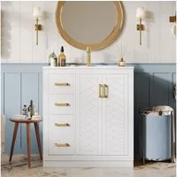 Flieks Waschtisch Waschbeckenunterschrank mit Keramikbecken (76,5×46,5×84,5 cm, 1-St., bodenstehend), Badezimmerschrank Badmöbel-Set mit 3 Schubladen und seitlicher Ablagen