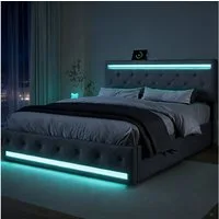 Furnishings Home Polsterbett Doppelbett Stauraumbett, Mit 4 Schubladen + LED + Anschluss (Set, Bett), Mit LED-Beleuchtung, USB & Type-C, Leinen, 140x200 cm