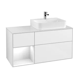 Villeroy und Boch Finion Waschtischunterschrank G141GFGF 120cm, Abdeckplatte white matt, Emotion, Regal links Glossy white lacquer, Glossy white lacquer