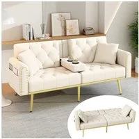 Merax Schlafsofa mit 3 verstellbaren Neigungswinkeln & ausklappbarer Liegefunktion, 2 sitzer Klappsofa Polstersofa mit bettfunktion 1 Teile, Sofa klappbar mit Getränkehalter, Zierkissen & Seitentasche, Samtbezug