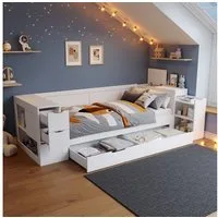 Flieks Kinderbett, Stauraumbett Daybett 90x200cm mit Schubladen, Regalen und Nachttisch