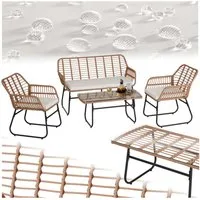 tectake Sitzgruppe Rattan Gartenlounge für 4 Personen, höhenverstellbare Kunststofffüße, (Loungeset Molfetta XL, 4-tlg., für Außen in Naturfarben), wasserabweisend, abnehmbare Polyesterbezüge, mit Sicherheitsglasplatte