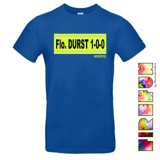 FIREFUN - T-Shirt mit Aufschrift "Flo. DURST 1-0-0" blau (royal) M MIT Silberstreifen (Reflexoptik) MIT Untertitel Vorne (Brust)