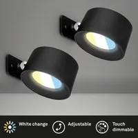 Briloner Leuchten Wandleuchte 2899025B, Dimmfunktion, LED fest integriert, 6500K - Kaltweiß, 2er Set LED Wandlampen zum kleben Schwarz 3W Innen ohne Stromanschluss