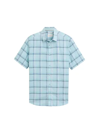 Tom Tailor - Regular Fit Kurzarmhemd mit Leinenanteil pastel turquoise check - Gr. - L