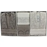alesvelt Unisex-Bademantel Wellness Set 6 teilig aus Baumwolle, 2x Bademantel, 2x Badetuch, 2x Handtuch, Gürtel, Baumwolle