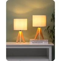 EDISHINE Nachttischlampe 2er Set, Vintage Tischleuchte aus Holz mit Leinenlampenschirm, LED wechselbar, warmweiß, H36 cm Tischlampe mit Leuchtmittel