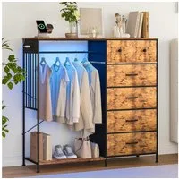 GarveeMore Kleiderschrank für Schlafzimmer,6 Schubladen,mit LED-Beleuchtung und Ladestation robuster Eisenrahmen und Holzoberfläche für Kleidung, Ankleidezimmer