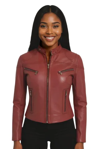 Burgunderrote, lässige Slim-Fit-Bikerjacke aus Leder für Damen – Tulsa