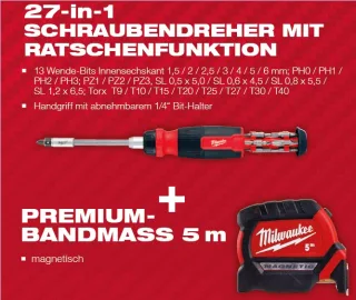 Milwaukee Multi-Bit Schraubendreher mit Ratschenfunktion 27-in-1 + Premium-Bandmaß 5 m magnetisch 28-teilig - 4932493918