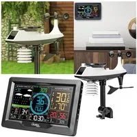 Casativo Premium WLAN Wetterstation m. XL-Farbdisplay, Aussensensor Außenwetterstation (Messung von Temperatur, Regenmenge, Windgeschwindigkeit, Luftdruck)