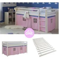 Homestyle4u Hochbett 90x200 Kinderbett mit Leiter und Vorhang Weiß Rosa Holz Treppe Kinder (Set, mit Lattenrost) Kiefer, Jungen Mädchen
