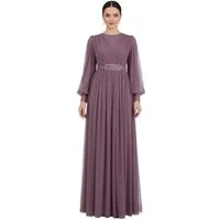 fashionshowcase Abendkleid Damen Maxikleid langarm Tüllkleid elegant mit Gürtel Modest Fashion Fließender Plissee-Rock mit taillierendem Gürtel
